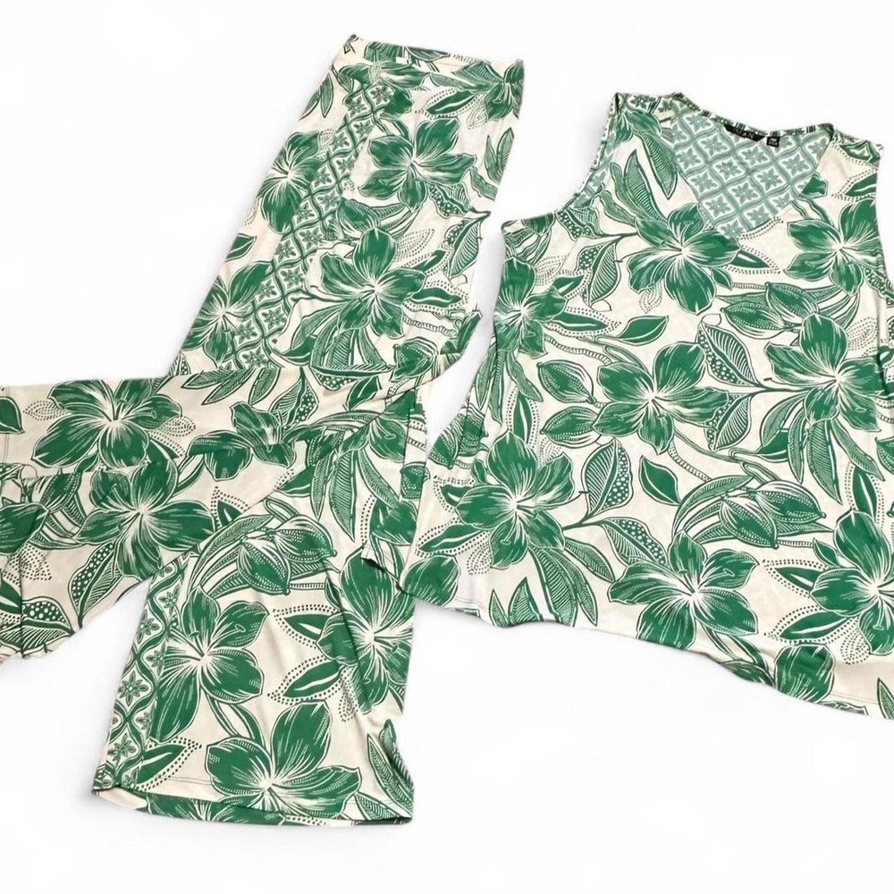 IMAN Resort Style Green & Cream Floral Print 2pc Pant & Tank Set Size 2XT